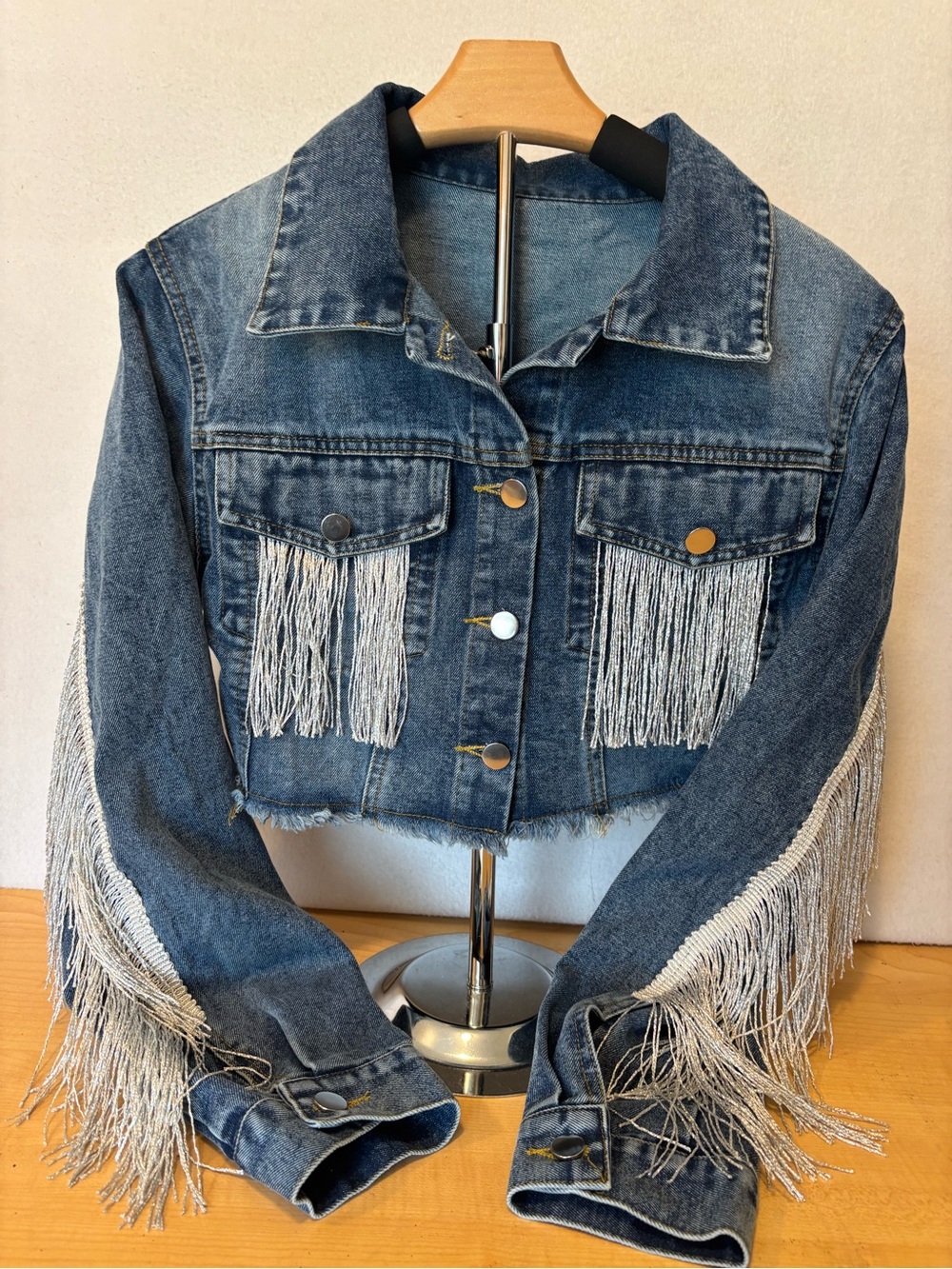 Women’s Cropped Denim Jacket Silver Fringe Western Boho Approx M